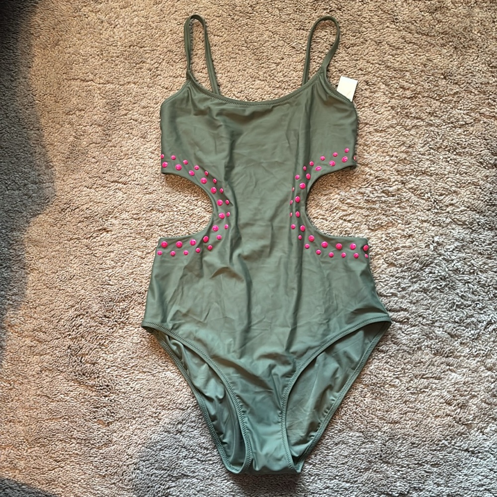 NWT Aerie Green Cut Out Full Coverage One Piece Swimsuit w/ Pink Accents Size S - Picture 2 of 10